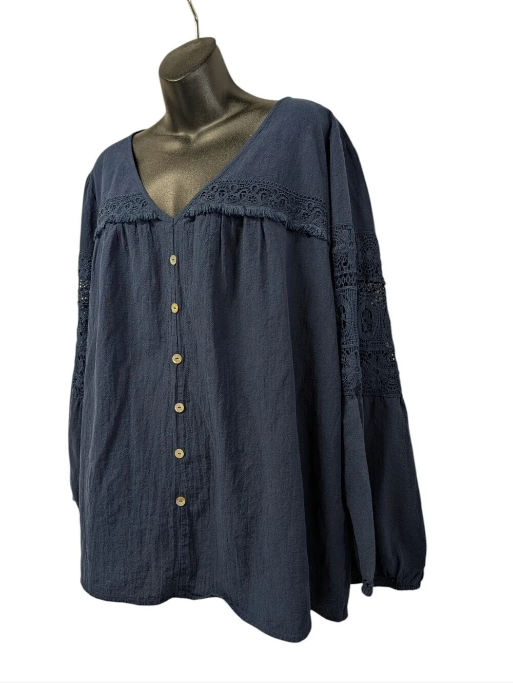 BloomChic Crochet Lace Sleeve Blouse Plus Size 18 20 Navy Boho Cotton Top - Picture 3 of 10